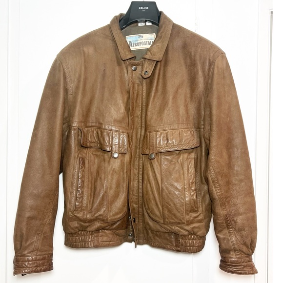 Vtg 1980’s Aeropostale Jacket Leather Brown Bomber Flight Compagnie Generale